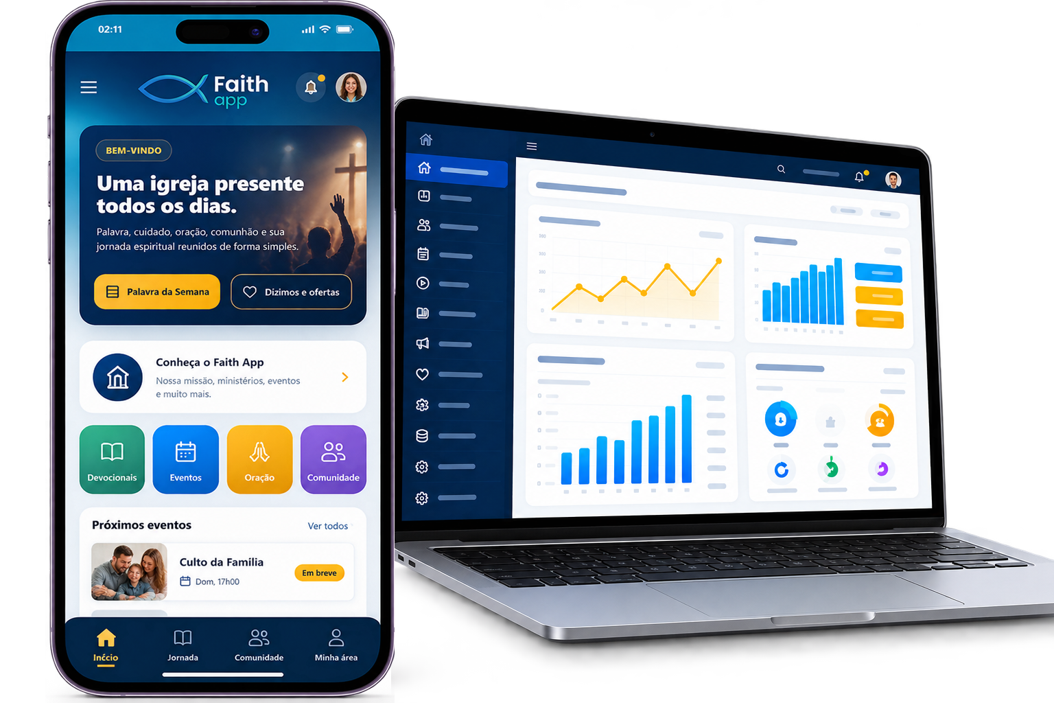 Faith App no celular e painel administrativo