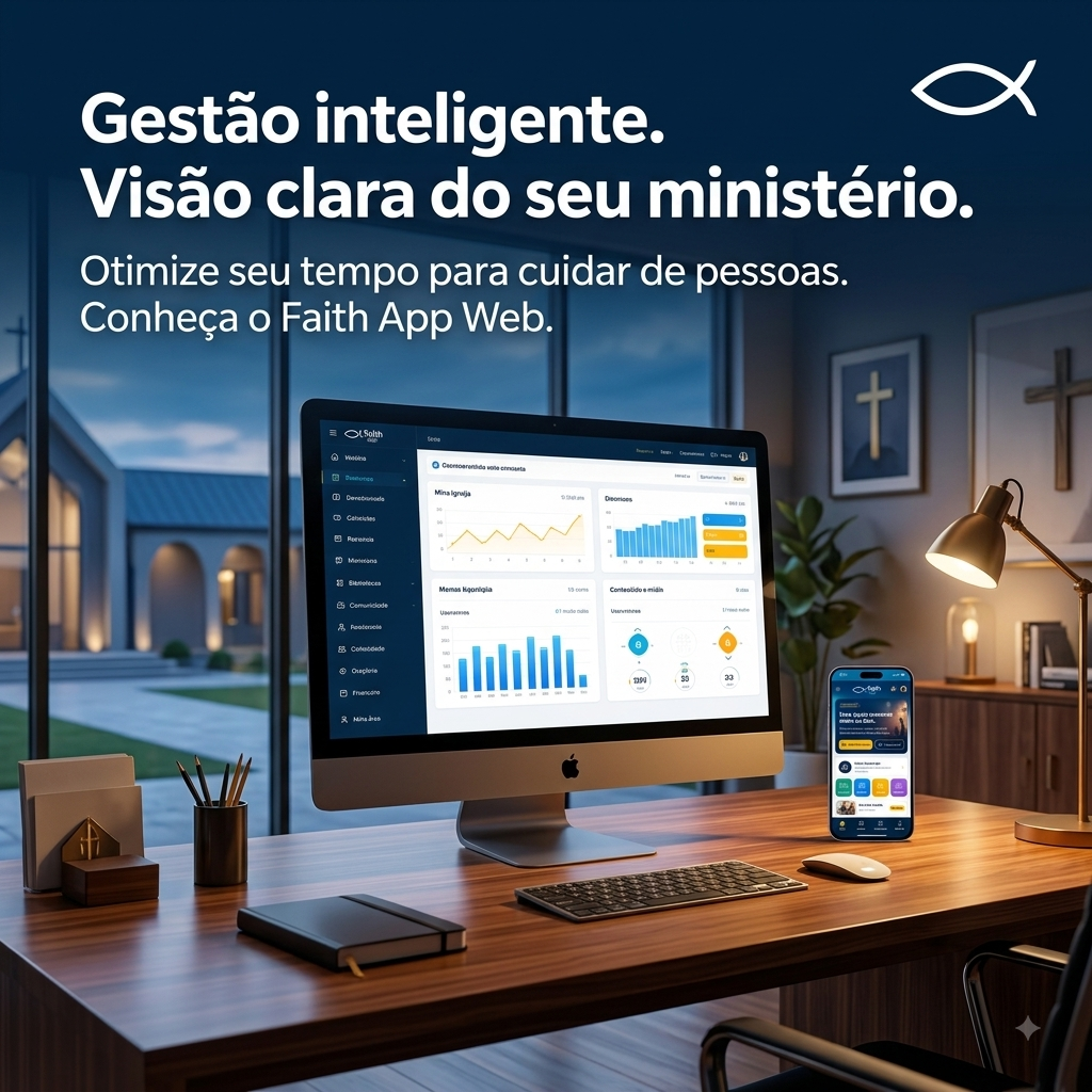 Gestão inteligente. Visão clara do seu ministério. Conheça o Faith App Web.