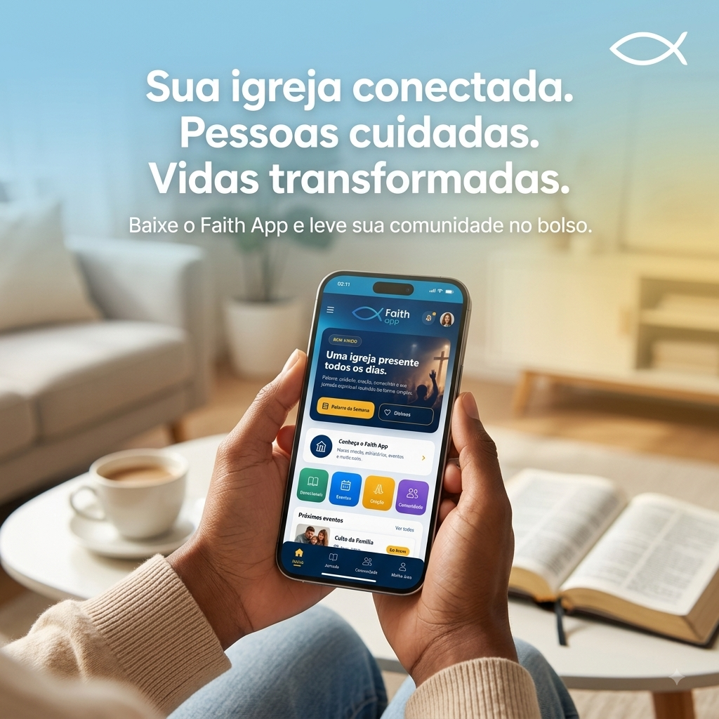 Faith App no celular — sua igreja conectada, pessoas cuidadas e vidas transformadas