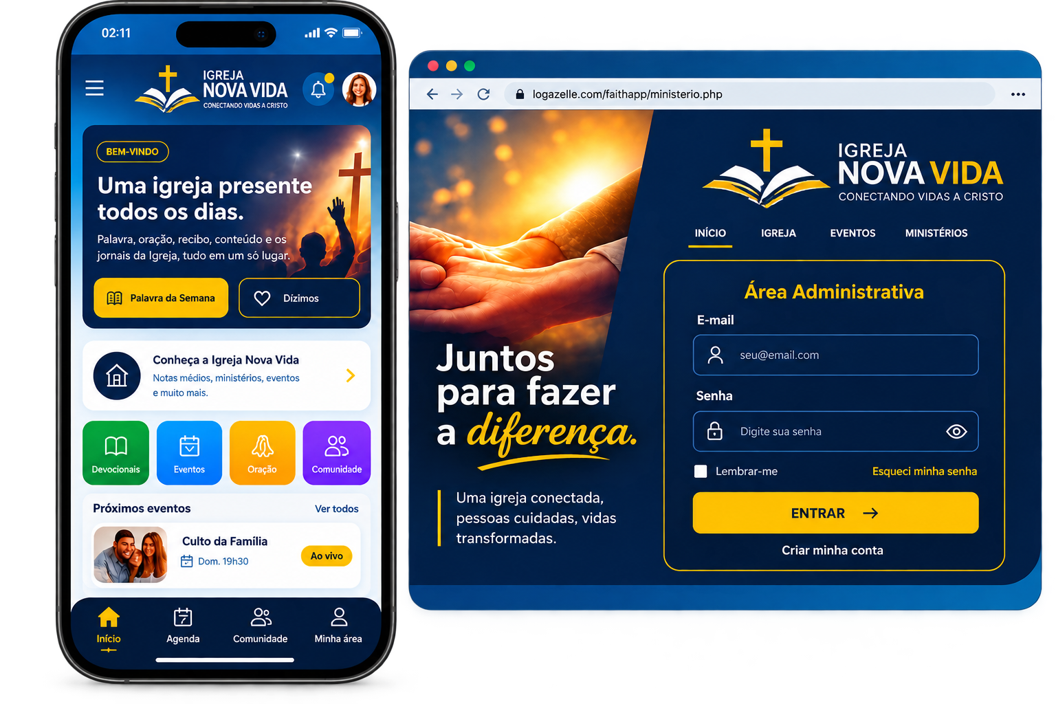Faith App no celular e painel administrativo